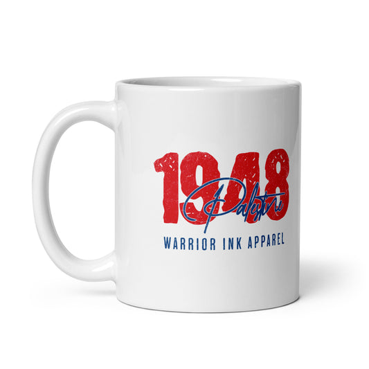 White ceramic mug with Palestine 1948 distressed red design by Warrior Ink Apparel