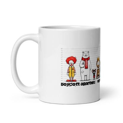 Palestinian protest coffee mug featuring satirical lineup illustration