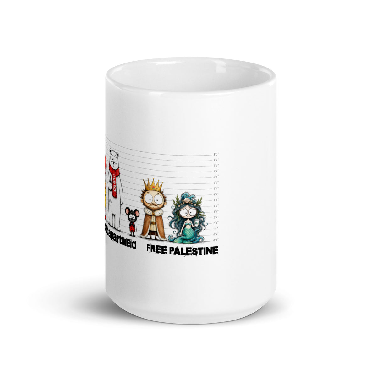 Palestinian protest coffee mug featuring satirical lineup illustration