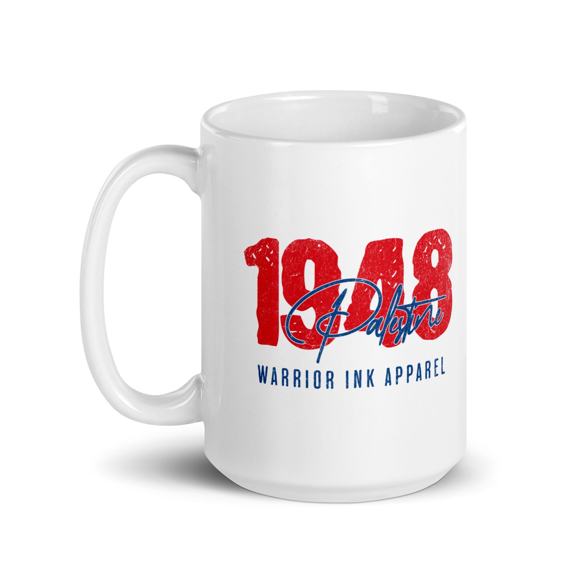 White ceramic mug with Palestine 1948 distressed red design by Warrior Ink Apparel