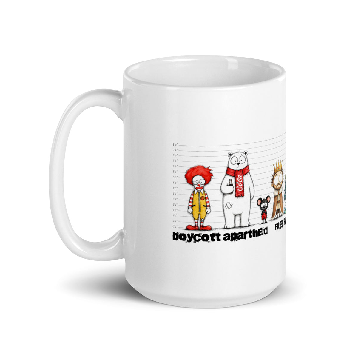 Palestinian protest coffee mug featuring satirical lineup illustration