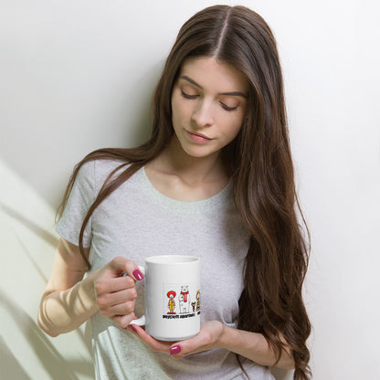 Palestinian protest coffee mug featuring satirical lineup illustration