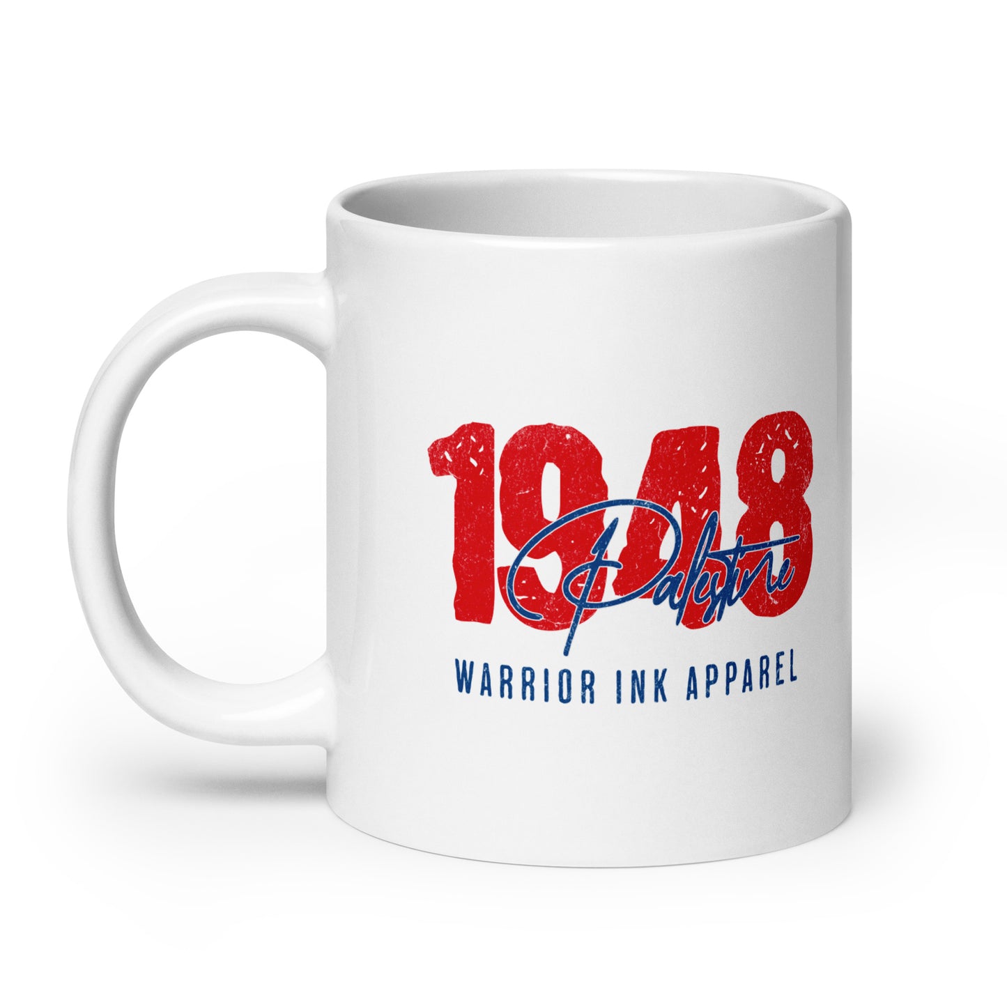 White ceramic mug with Palestine 1948 distressed red design by Warrior Ink Apparel