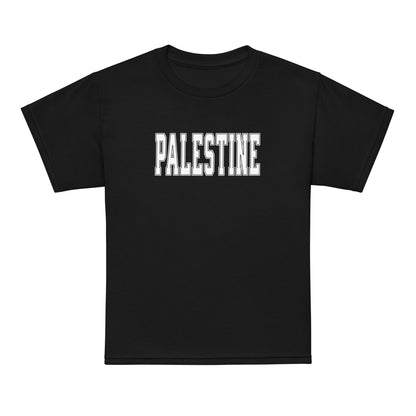 Palestine youth shirt with varsity style lettering across chest