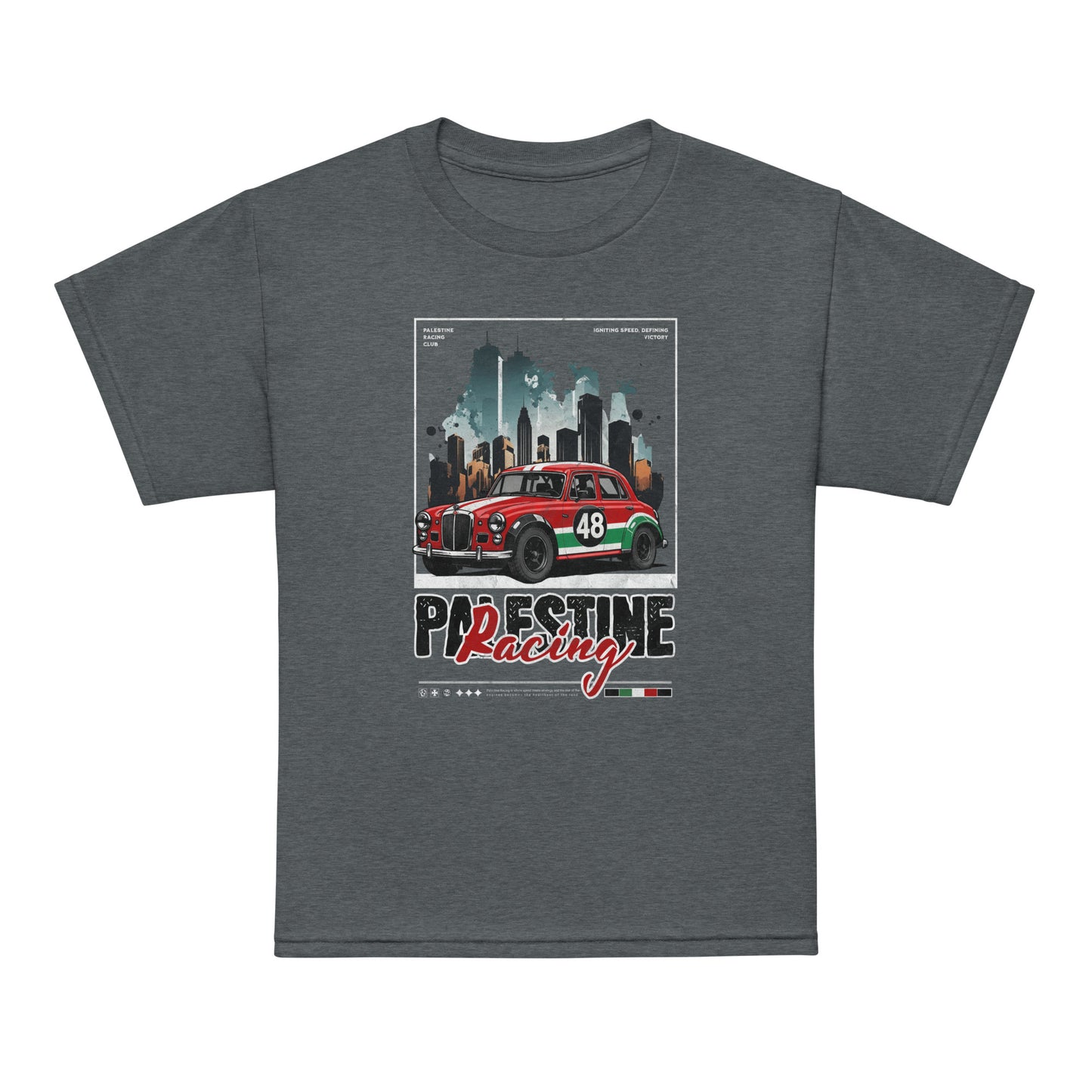 Palestine youth shirt featuring retro racing car with Palestinian colors and urban background