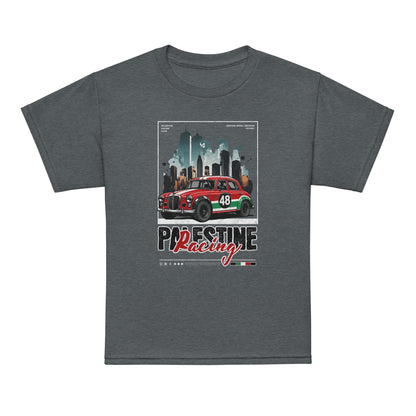 Palestine youth shirt featuring retro racing car with Palestinian colors and urban background