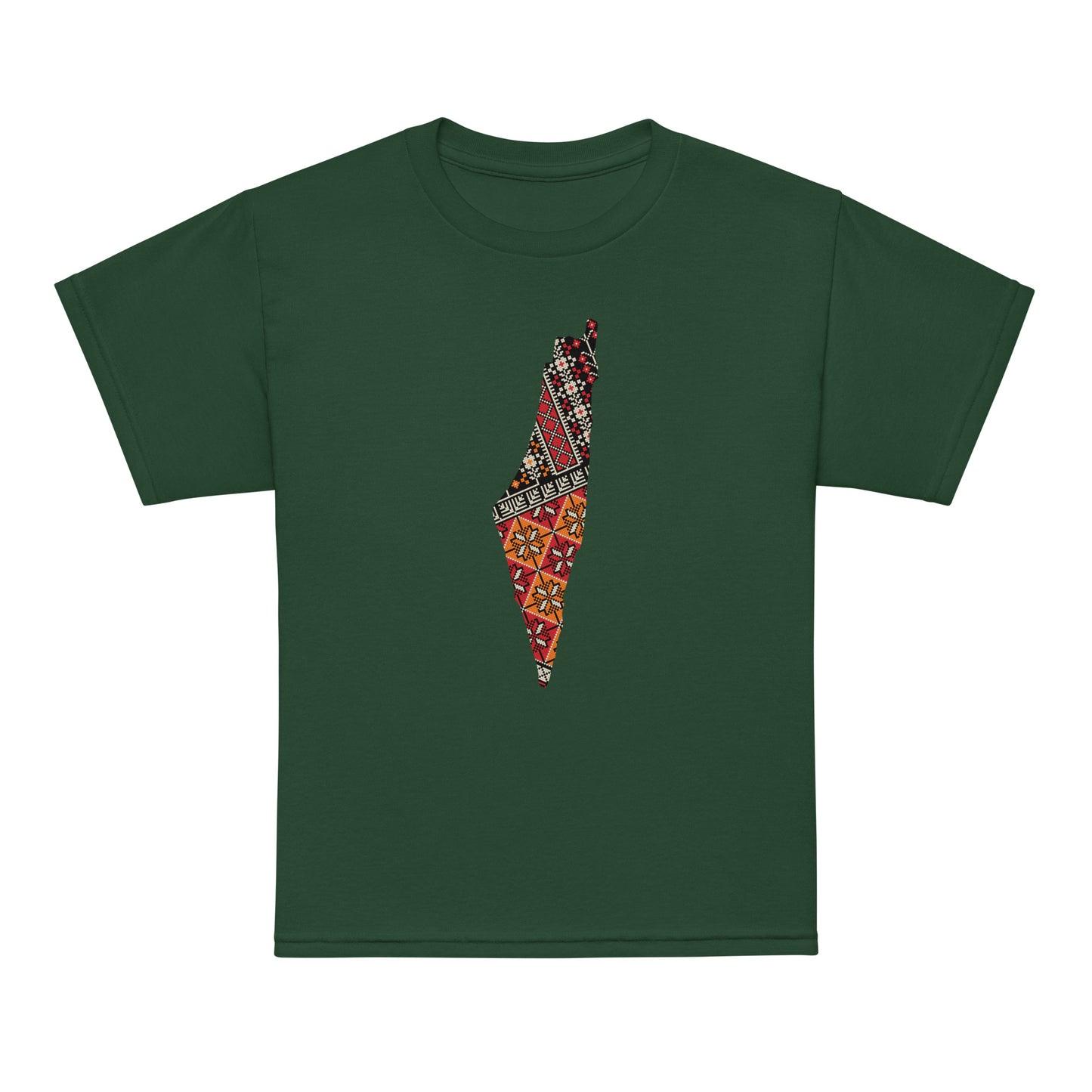 Palestine youth shirt featuring colorful map design with traditional tatreez-inspired patterns