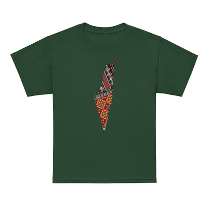 Palestine youth shirt featuring colorful map design with traditional tatreez-inspired patterns