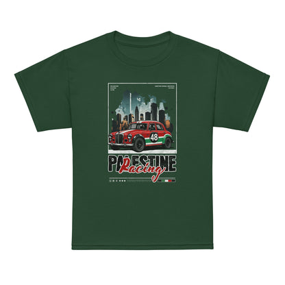 Palestine youth shirt featuring retro racing car with Palestinian colors and urban background