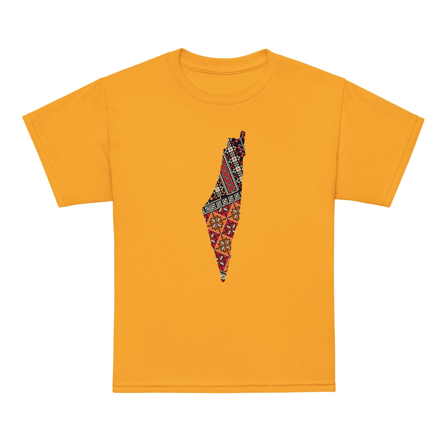 Palestine youth shirt featuring colorful map design with traditional tatreez-inspired patterns