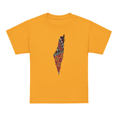 Palestine youth shirt featuring colorful map design with traditional tatreez-inspired patterns