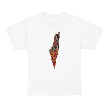 Palestine youth shirt featuring colorful map design with traditional tatreez-inspired patterns