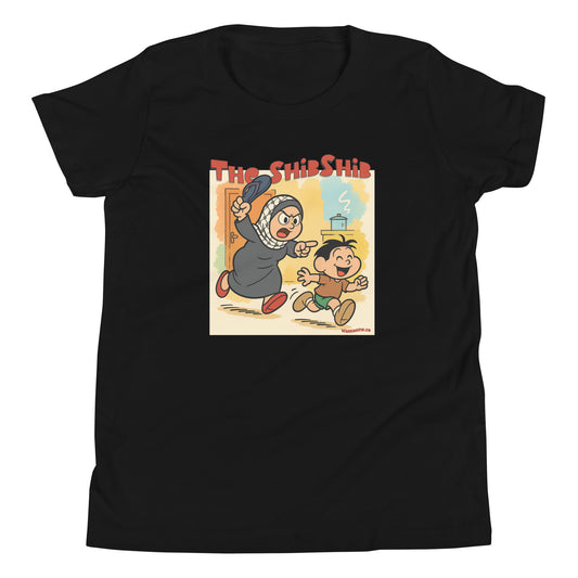 black t-shirt with cartoon Arab mother chasing son with slipper – The ShibShib design by Warrior Ink