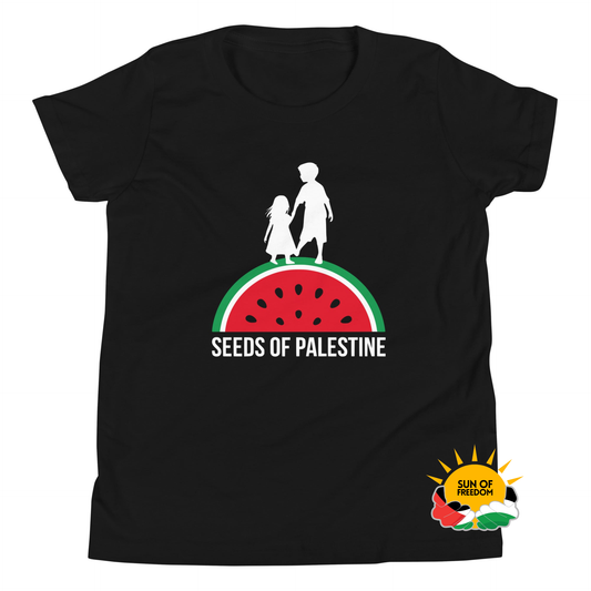 Black SEEDS OF PALESTINE youth graphic tee from the Mo Hamz Collection