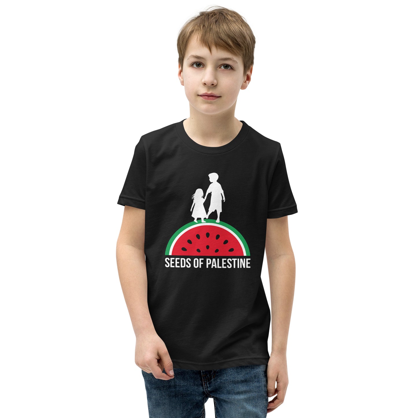Black SEEDS OF PALESTINE youth graphic tee from the Mo Hamz Collection