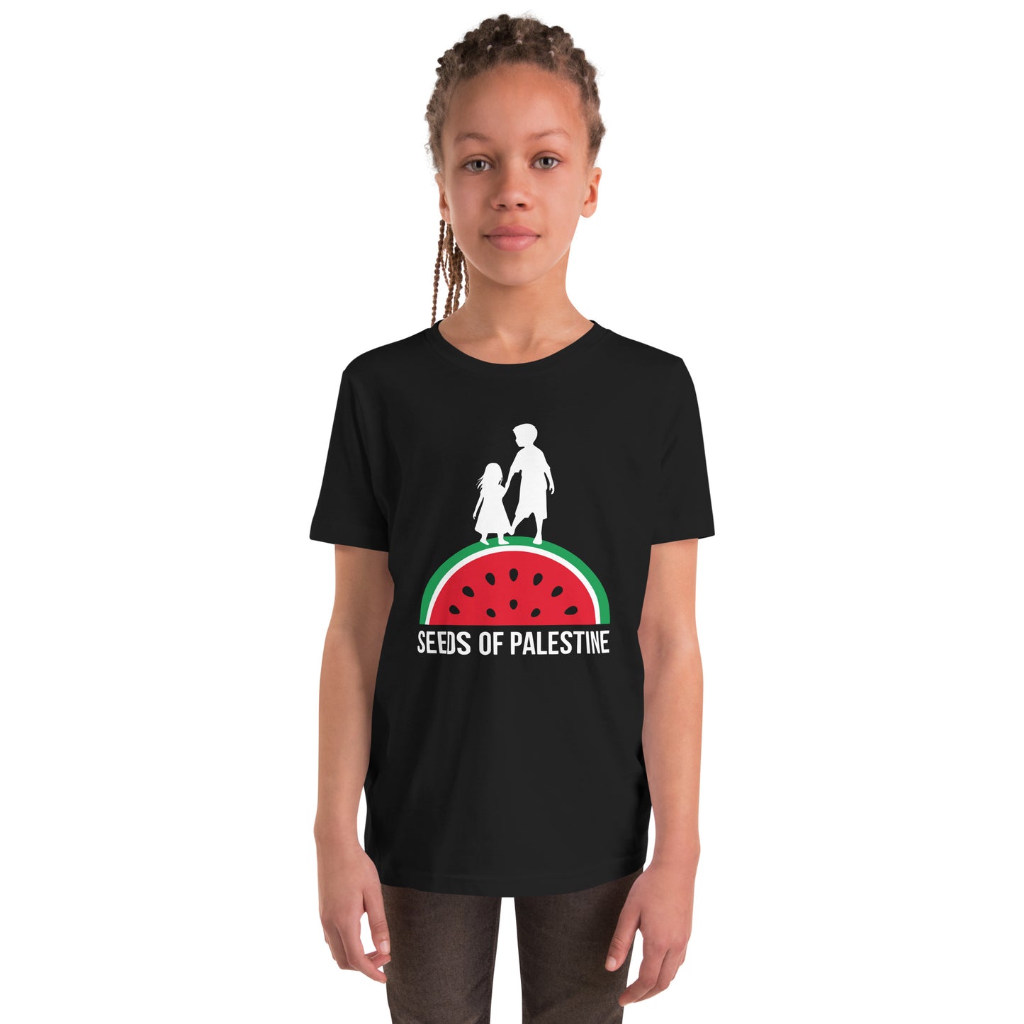 Black SEEDS OF PALESTINE youth graphic tee from the Mo Hamz Collection