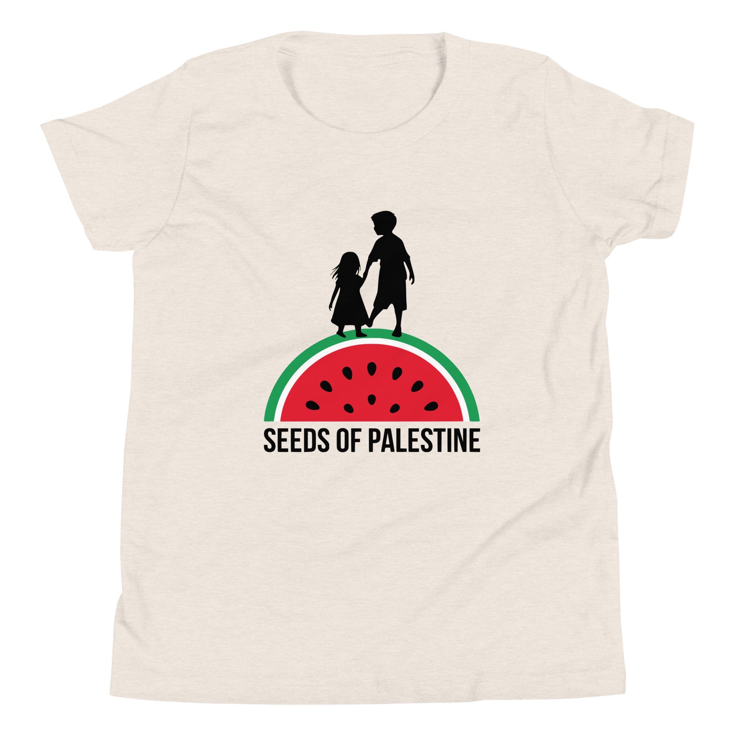 Light color SEEDS OF PALESTINE youth Palestine graphic tee by Warrior Ink Apparel