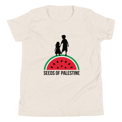 Light color SEEDS OF PALESTINE youth Palestine graphic tee by Warrior Ink Apparel