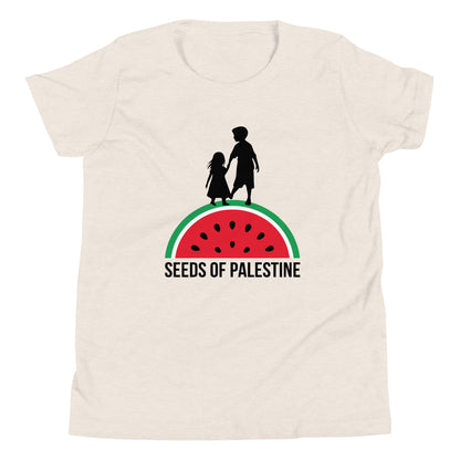 Light color SEEDS OF PALESTINE youth Palestine graphic tee by Warrior Ink Apparel