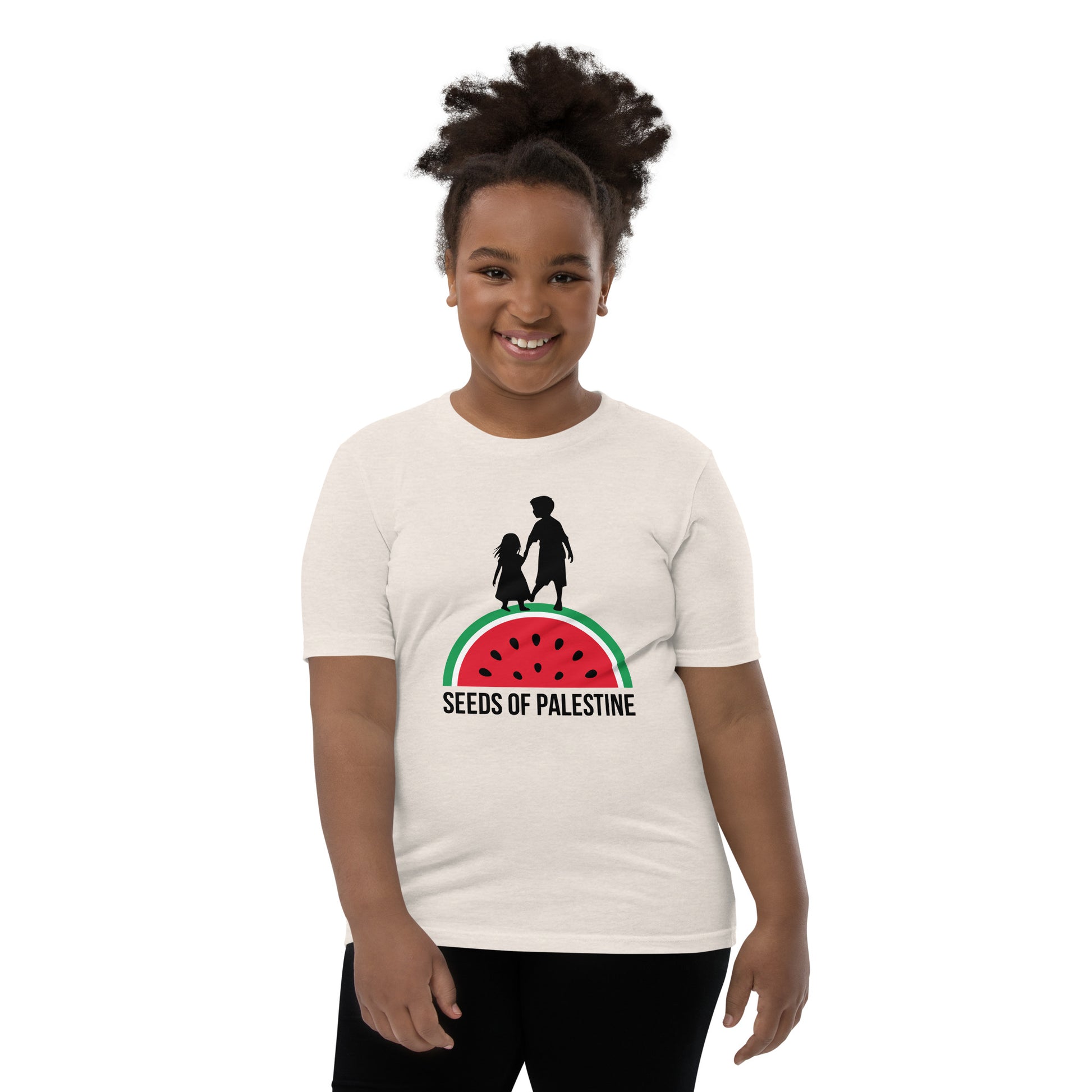 Light color SEEDS OF PALESTINE youth Palestine graphic tee by Warrior Ink Apparel