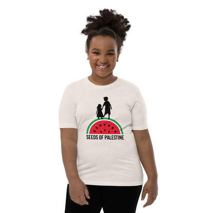 Light color SEEDS OF PALESTINE youth Palestine graphic tee by Warrior Ink Apparel